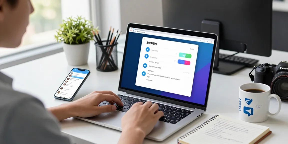 Setting up Telegram Chinese interface on a laptop in a modern workspace with tech elements.