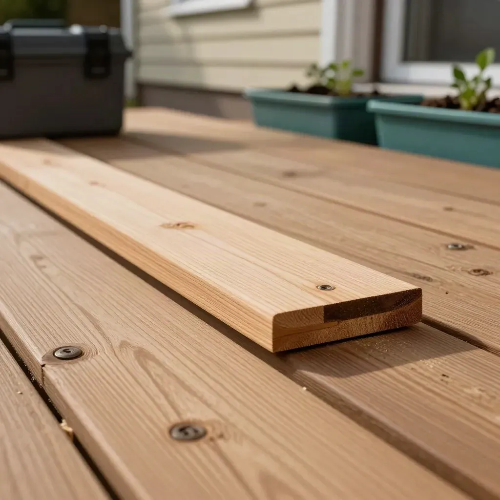 Repaired cedar deck boards with teal planter boxes and a closed tool bin in warm afternoon light.