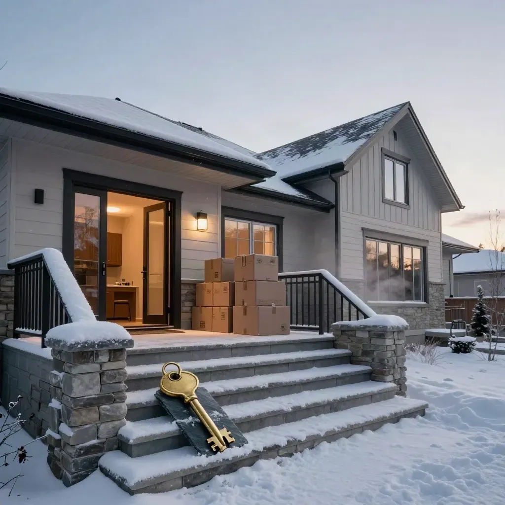 Blue-hour Canadian home exterior with glowing entry, moving boxes and brass key in fresh snow.