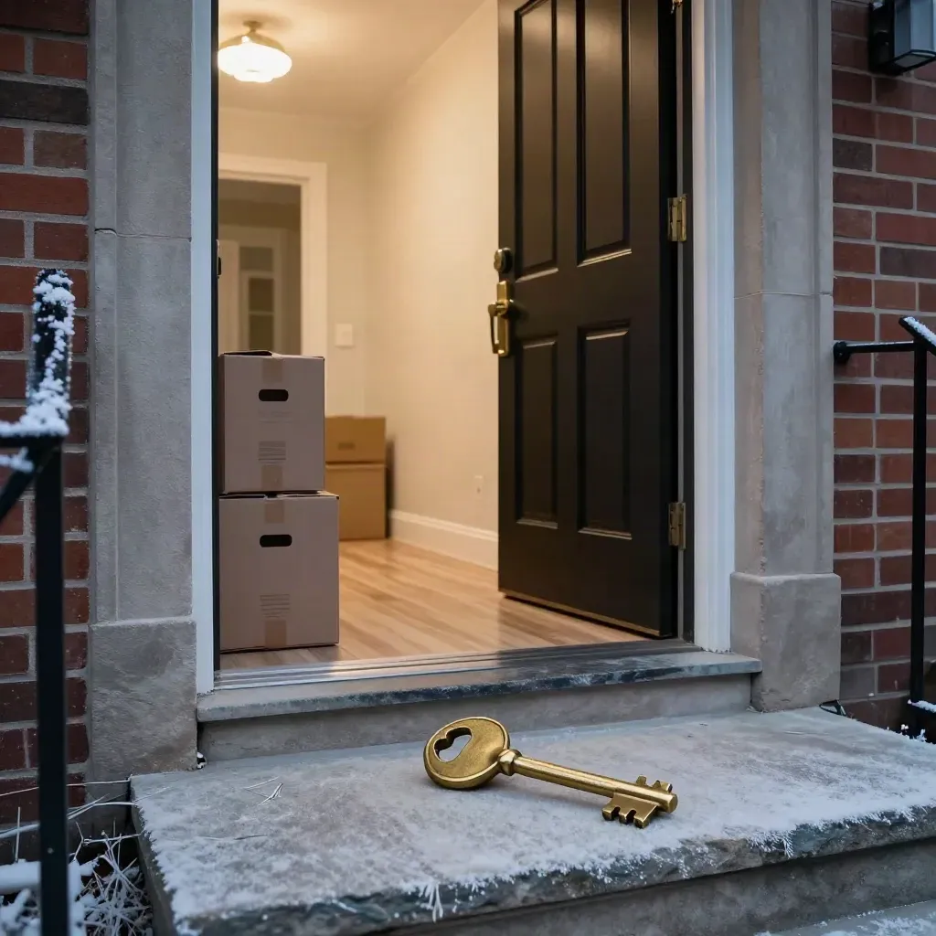 Toronto semi-detached entry with open door, brass key, moving boxes, and warm foyer light.