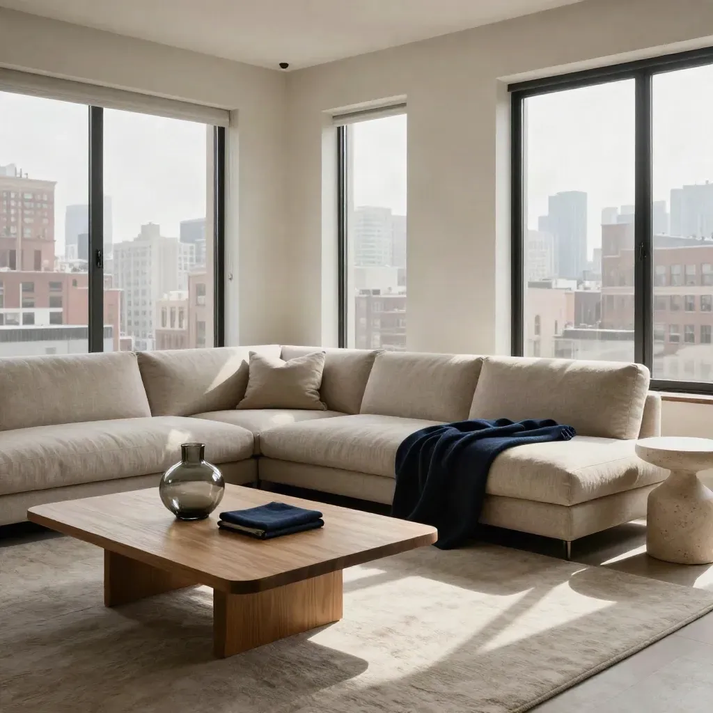 Refined living room with linen sectional, oak table and city view in soft daylight.