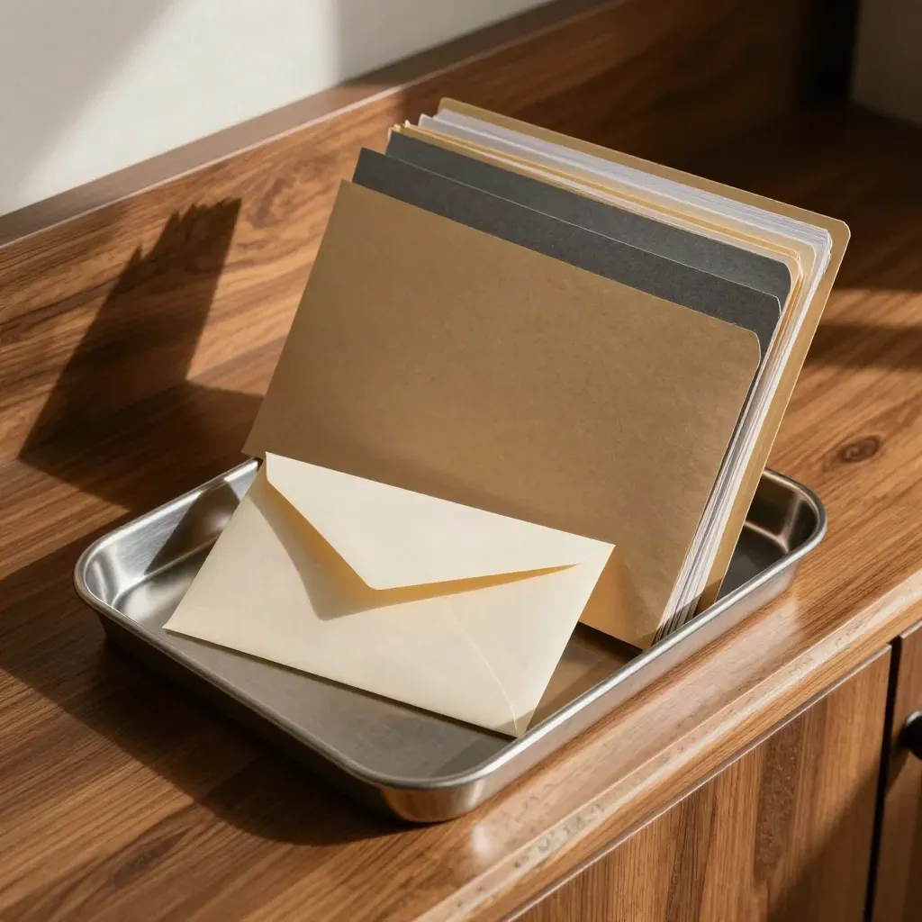 Brushed-steel tray with sealed envelope and stacked account folders on walnut wood
