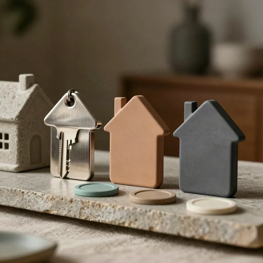 Three matte key tokens, stone house model and ceramic rate chips on a stone shelf in soft daylight.