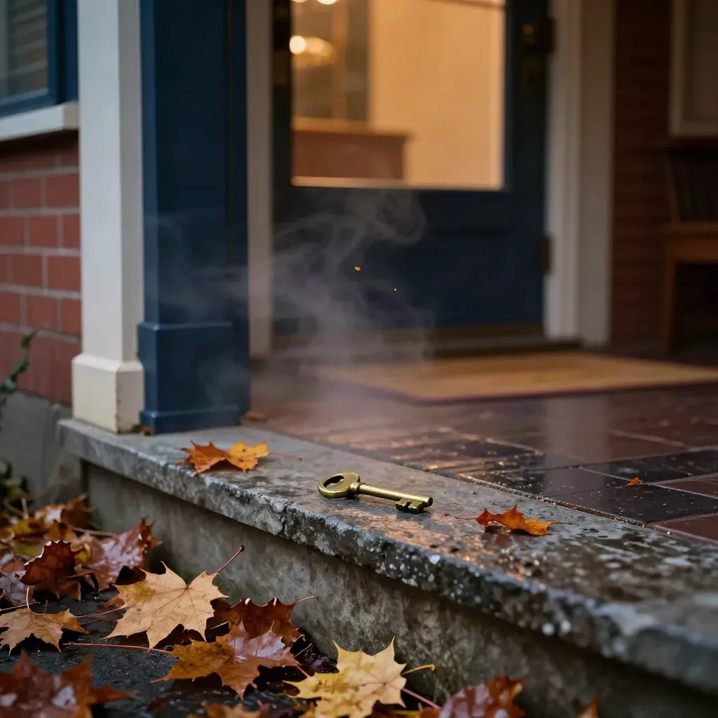 Autumn porch with brass key on stone ledge and warm light glowing through glass.