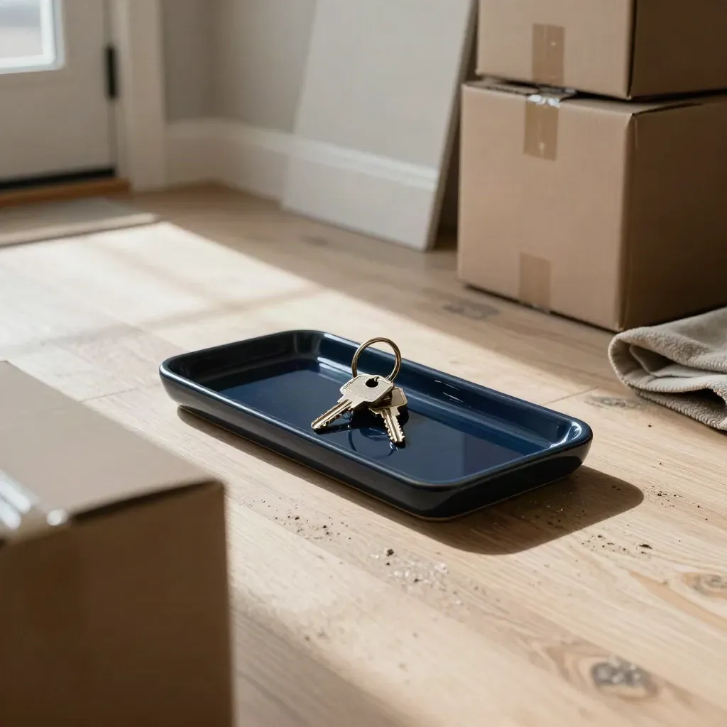 Packed boxes and a key tray in a Calgary entry hall, lit by hard winter daylight.