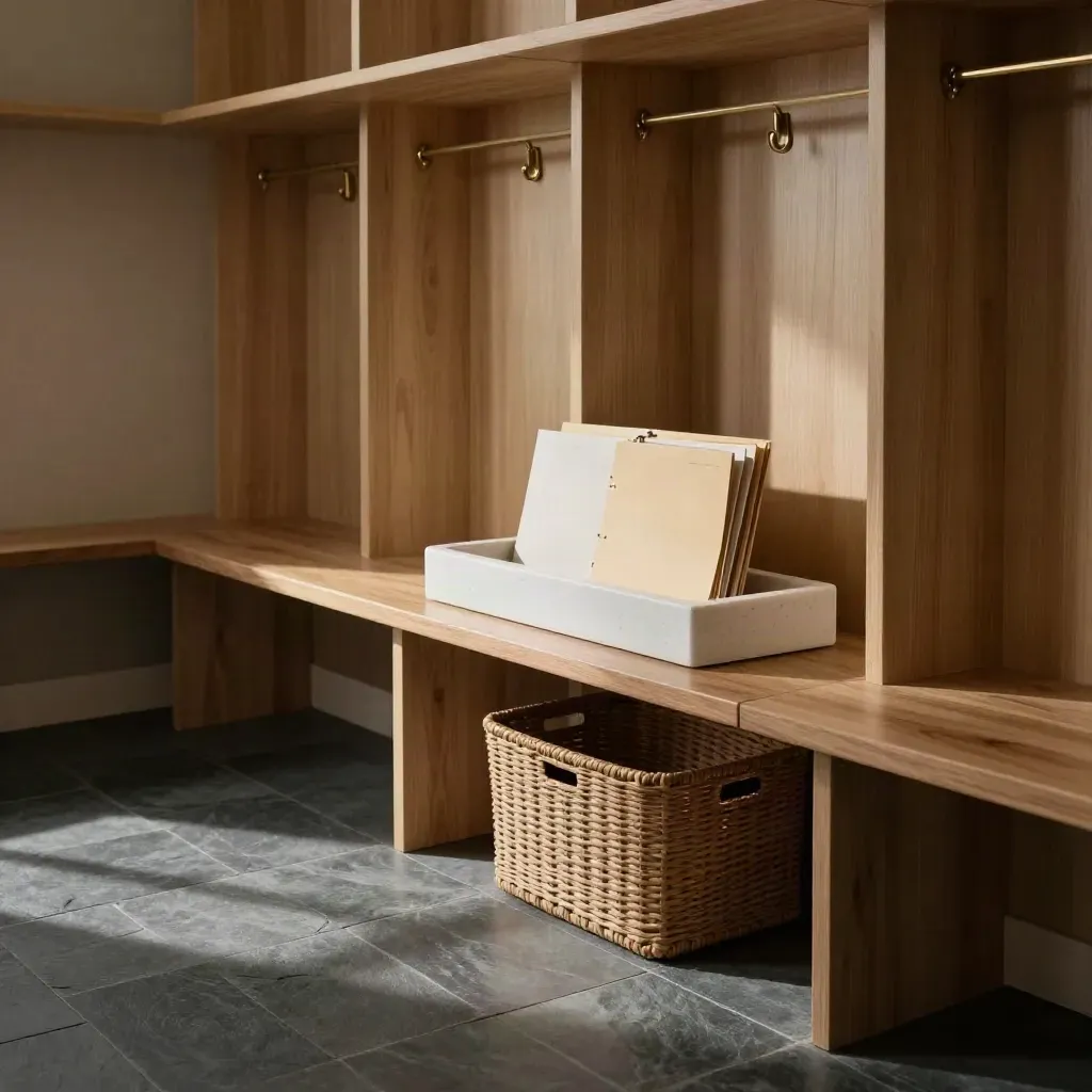 Renovated mudroom with payment tray, closed folders and a woven storage basket.