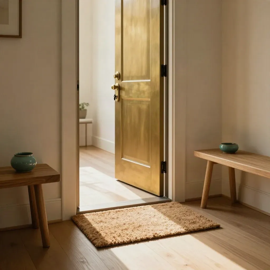 Sunlit front entry with rekeyed door, clean mat, oak bench and a teal catchall.