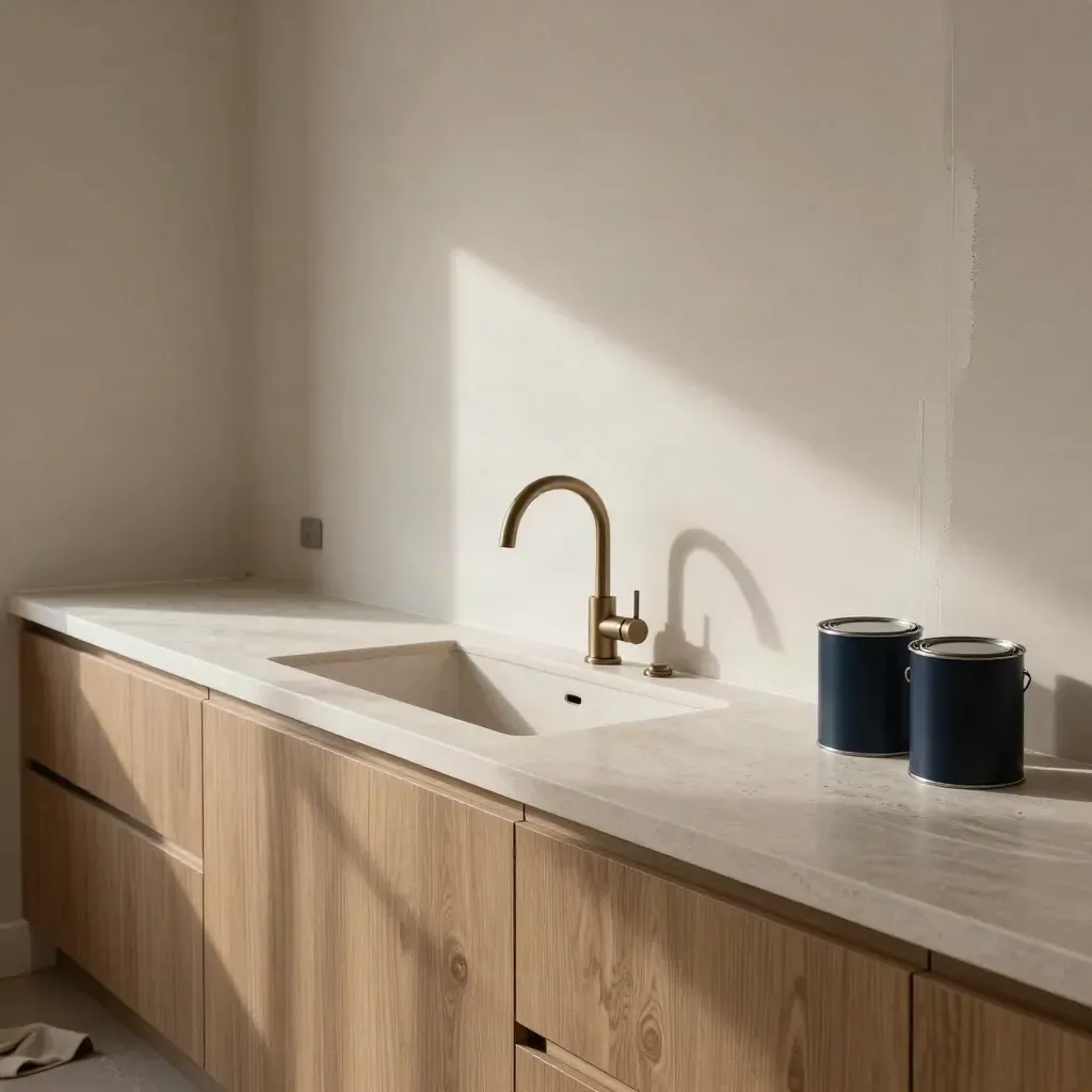 Finished repair area with new sink, fresh plaster, and closed paint cans in a sunlit home interior.
