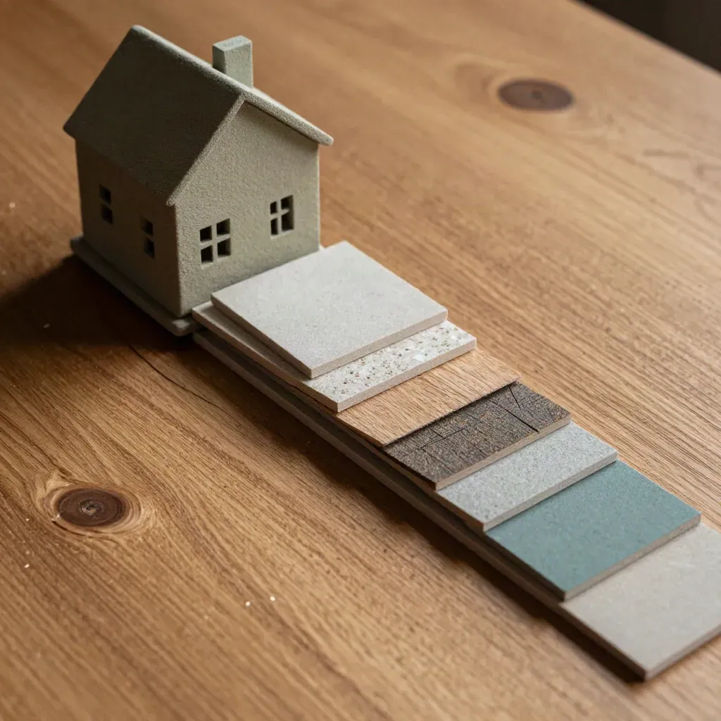 Oak surface with stone house model and renovation chips in a diagonal equity map