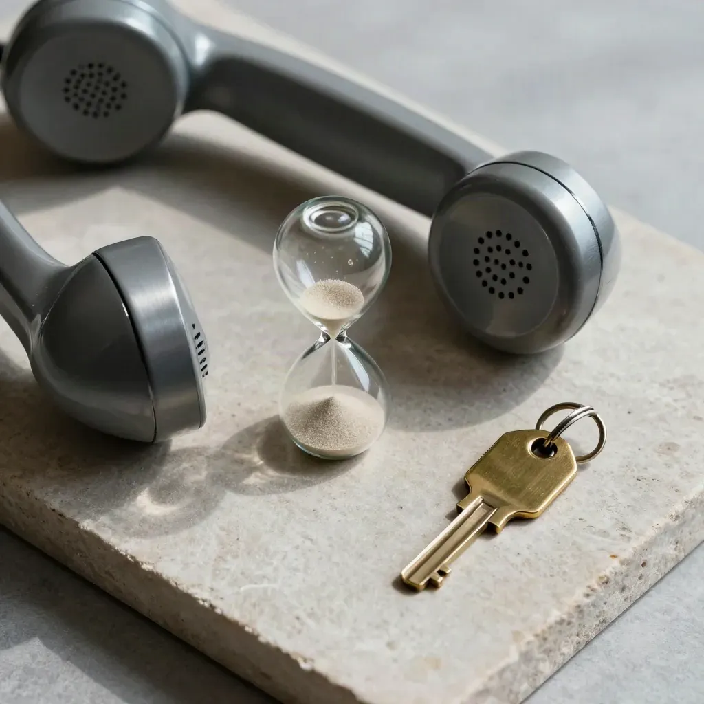Brushed-metal handset, sand timer and brass key tag on pale stone in a finance flatlay