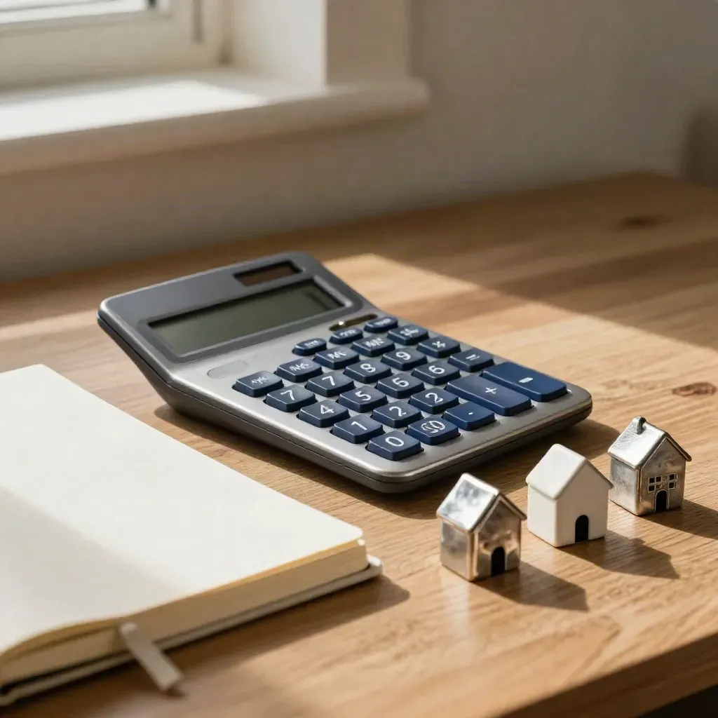 Calculator, closed notebook, and house tokens on warm wood in soft side light.