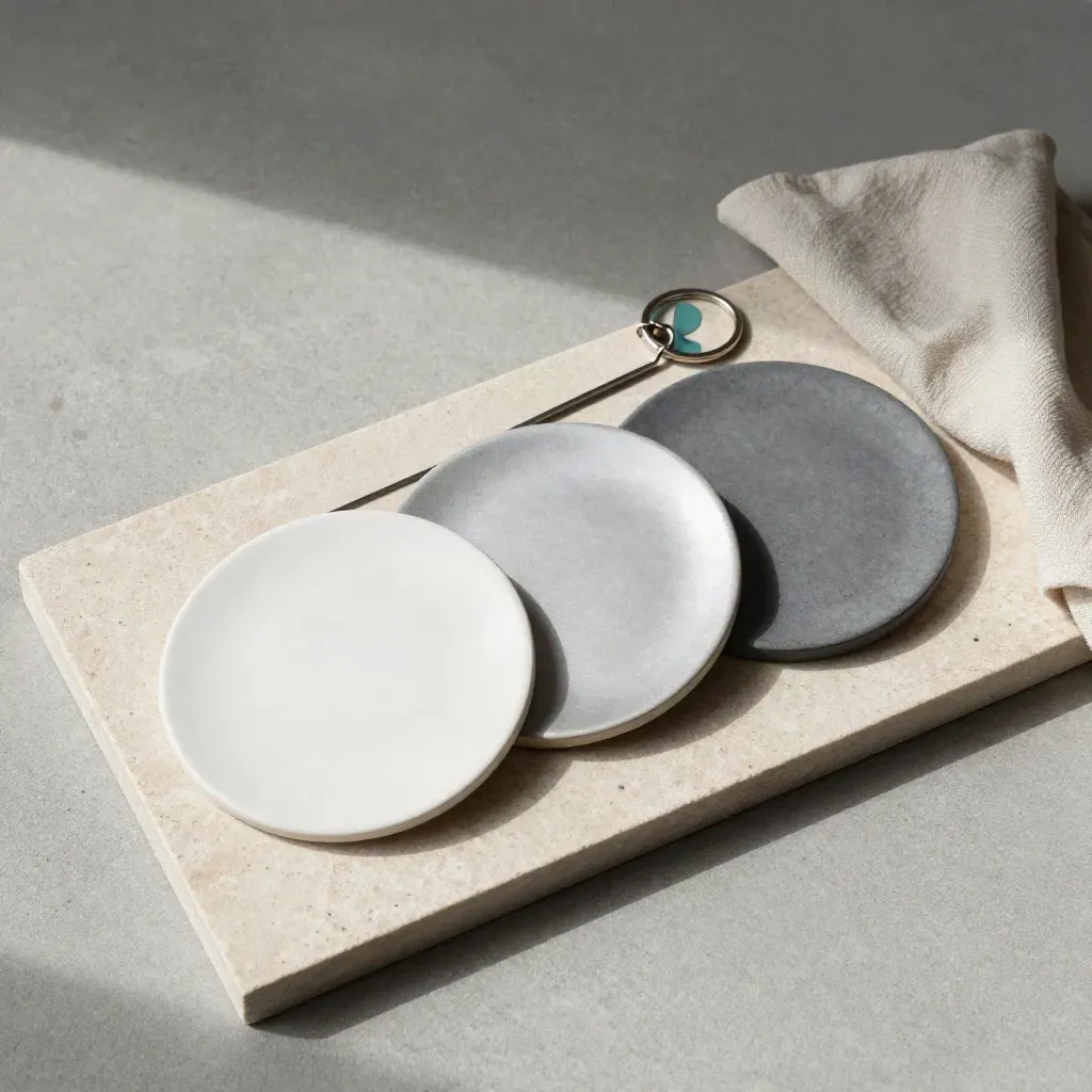Three ceramic option discs, divider bar and key ring on a stone tray with muted teal accent.