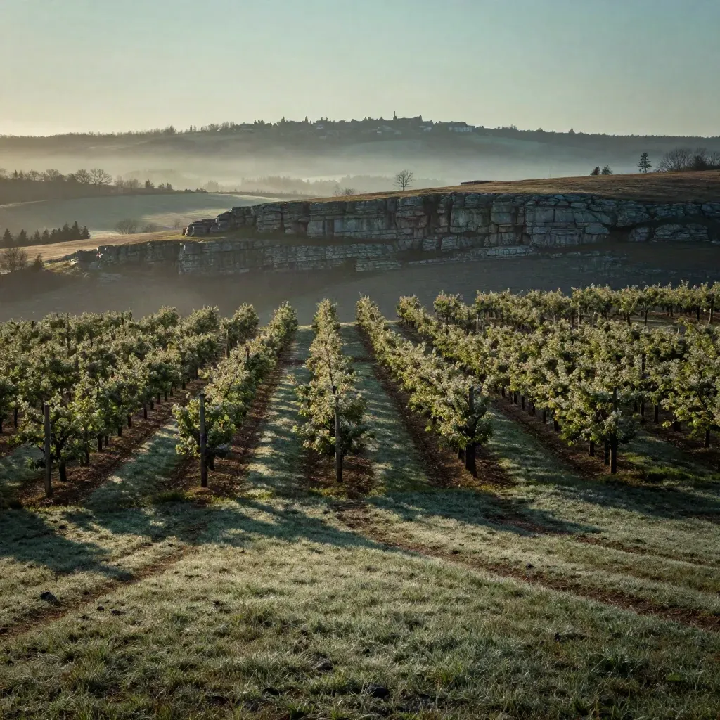 Dawn orchard rows and limestone escarpment above a quiet Southern Ontario valley.