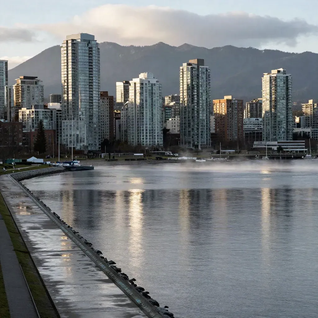 Metro Vancouver skyline and North Shore mountains over a misty harbour at late light.