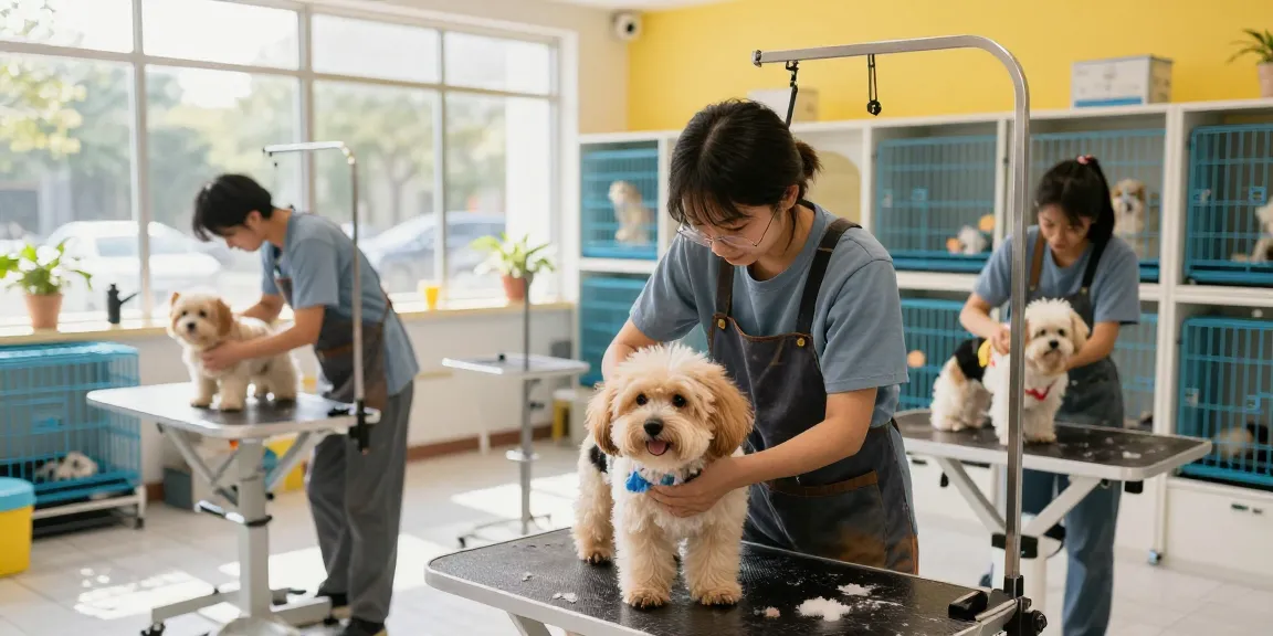 Cages For Animal Professionals in a vibrant grooming salon, showcasing secure environments for pets during grooming activities.